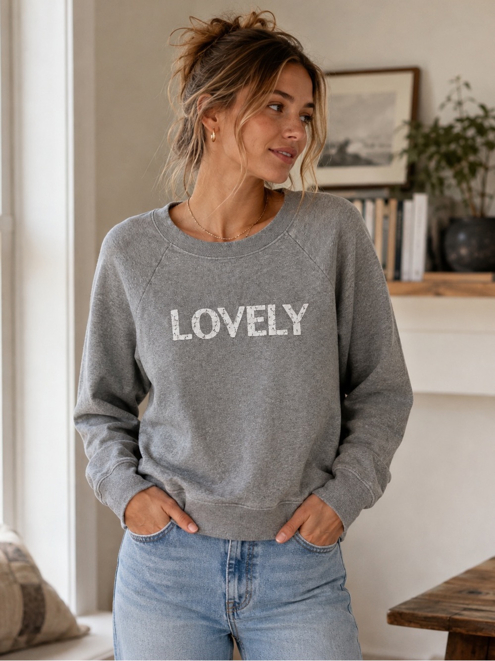 J.Crew Lovely Lace Graphic Sweatshirt Gray Crewneck Pullover Size Medium Cozy
